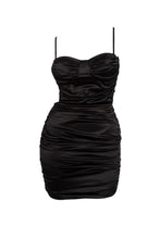 Load image into Gallery viewer, Lola Satin Ruched Open Back Mini Dress (BLACK)

