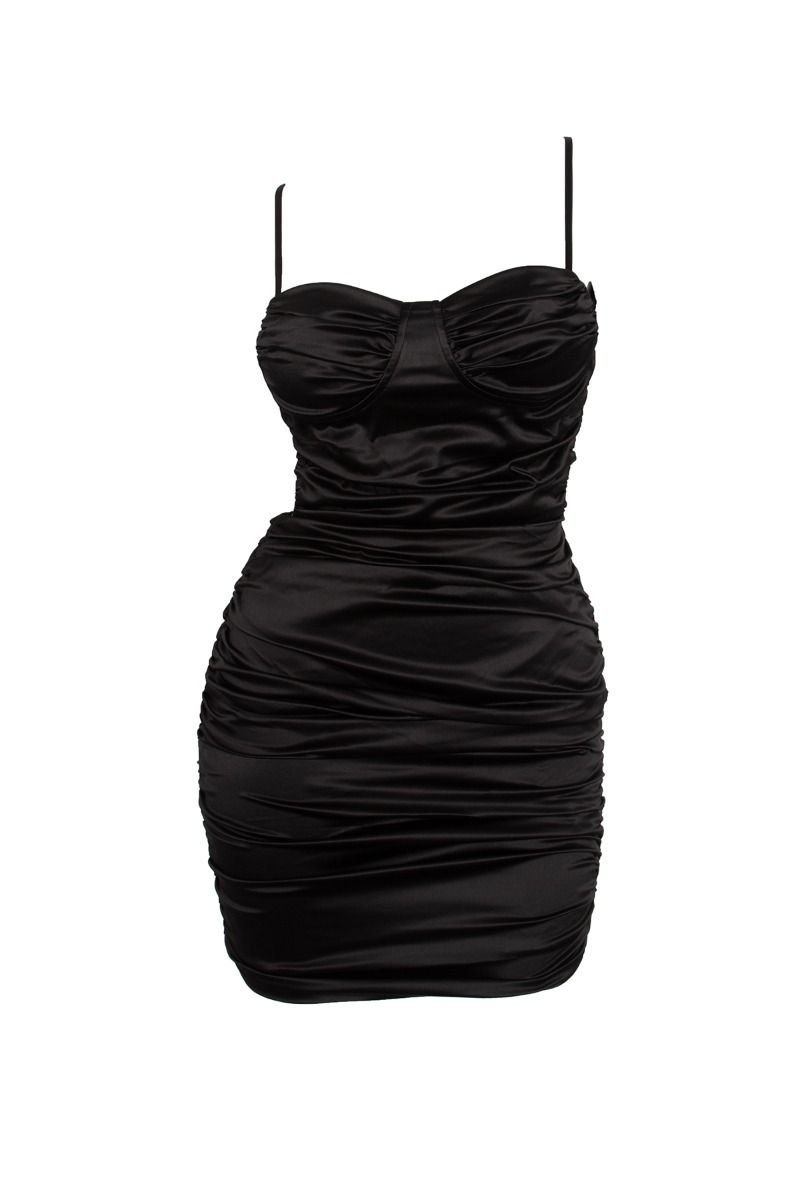 Lola Satin Ruched Open Back Mini Dress (BLACK)