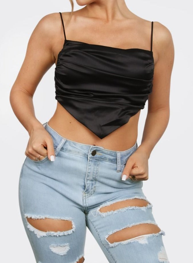 Evelyn Ruched Satin Scarf Crop Top